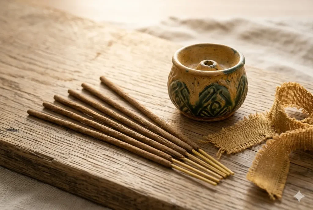 Handmade incense sticks gift set UK arranged on a wooden surface with clay holder and ribbon, available at Dela's Gift Shop