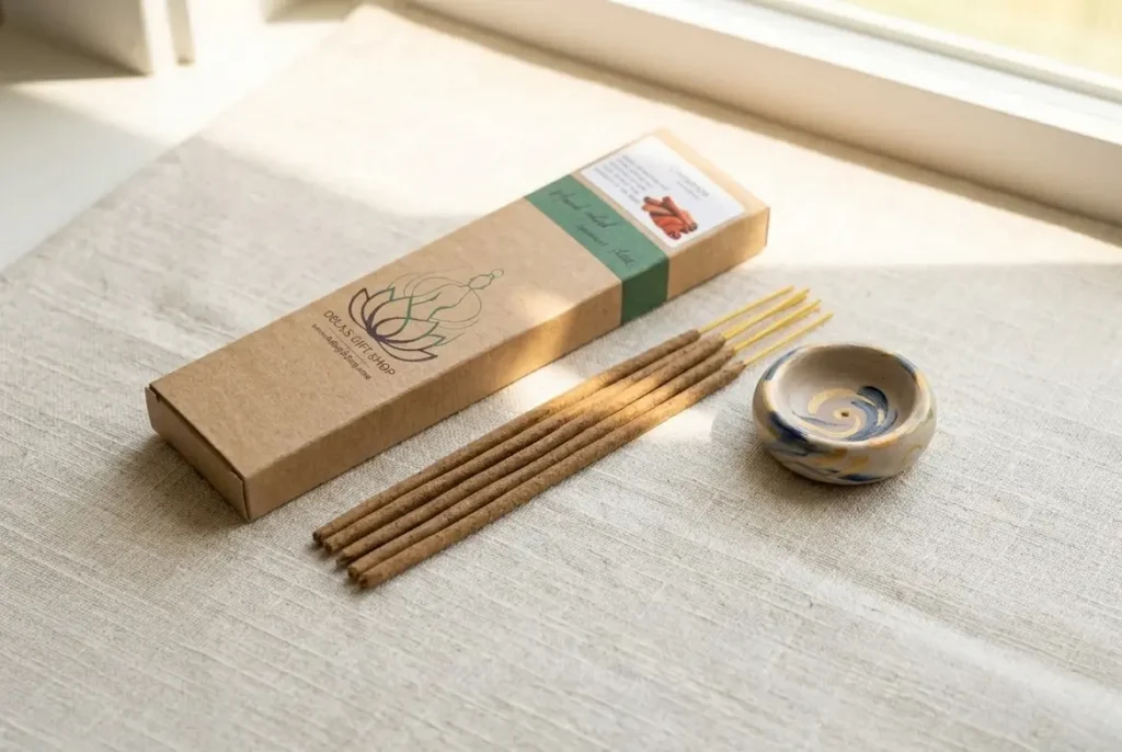 Incense sticks gift UK presented with clay holder and tissue paper on wooden gift tray at Dela's Gift Shop 