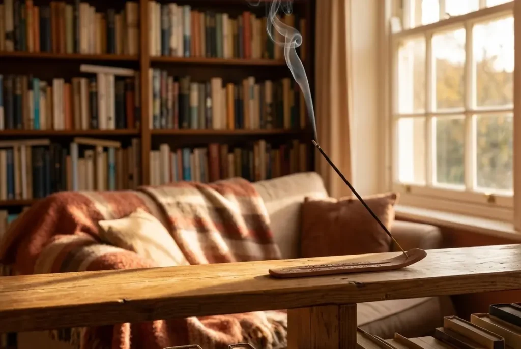 UK living room in autumn with warm lighting and a natural incense stick burning in a clay holder on a wooden shelf
