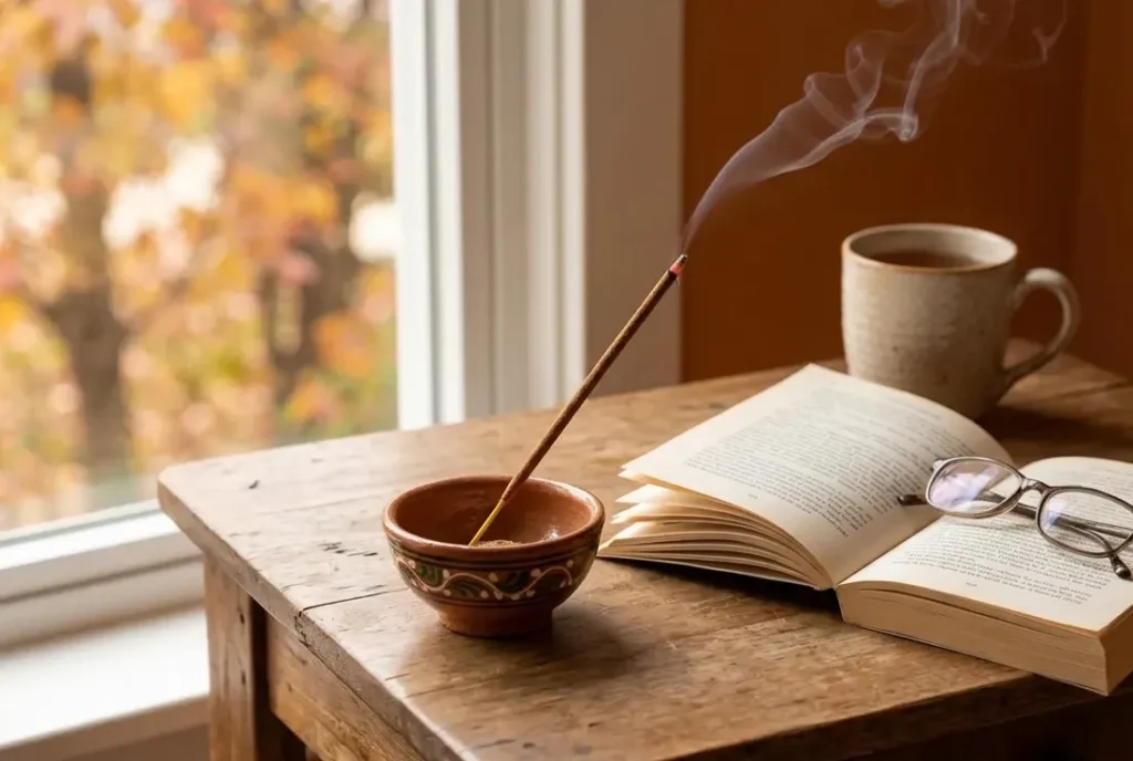 Warm spice incense sticks for home UK with a decorated clay holder on a wooden side table in a cosy autumn afternoon