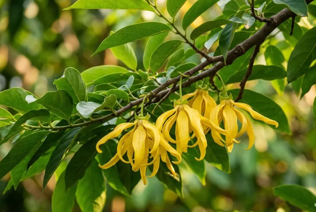 Yellow ylang ylang cananga odorata flowers on a tropical tree branch, the source botanical used in natural ylang ylang incense sticks UK
