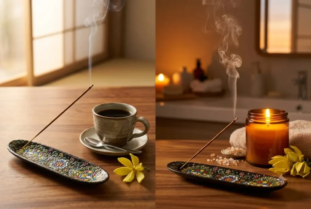 Ylang ylang incense stick burning beside a morning coffee cup and an evening bath candle, showing daily ritual home use UK