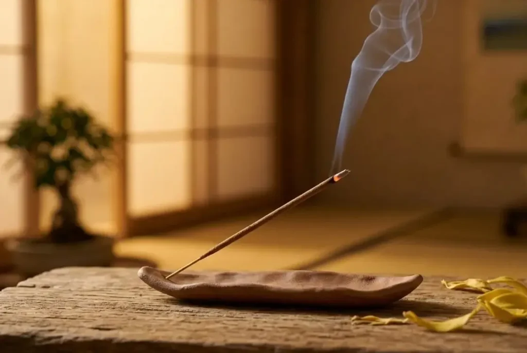 Natural ylang ylang incense stick burning gently in a clay holder with rising smoke in a warmly lit room, mood-lifting floral aroma for anxiety and calm