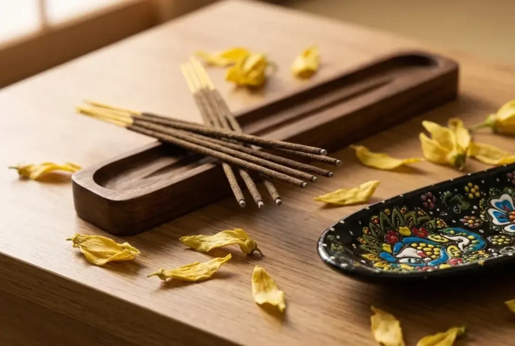 Pack of hand-rolled natural ylang ylang incense sticks from Dela's Gift Shop UK on a wooden surface with dried yellow petals, £4 per pack 