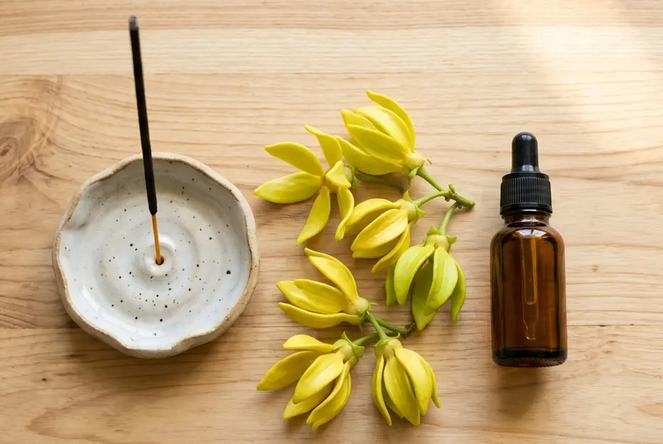 Ylang ylang incense stick in clay holder beside an essential oil dropper bottle on a wooden surface, comparing natural home fragrance options UK