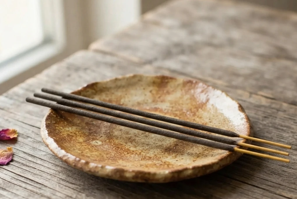 Selection of calming incense sticks for anxiety UK on a clay dish