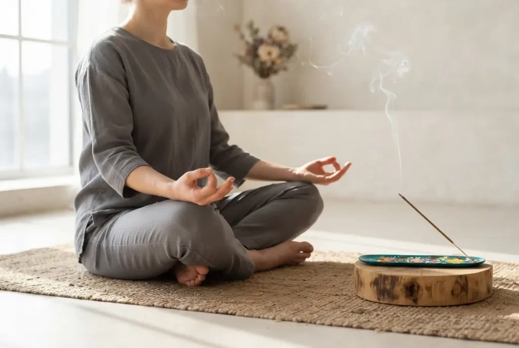 Incense smoke rising during a meditation session in a UK home 