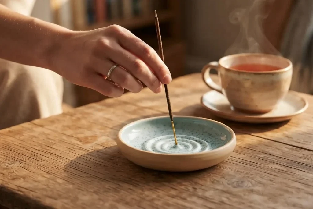Placing incense sticks for anxiety UK into a clay holder during an evening wind-down routine