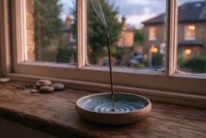 Incense sticks for anxiety UK burning calmly on a wooden windowsill at dusk