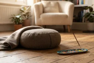 Hand-rolled incense stick burning beside a meditation cushion, best incense sticks for meditation UK