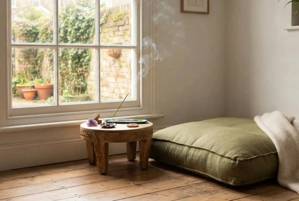 UK meditation space set up with incense stick and clay holder 